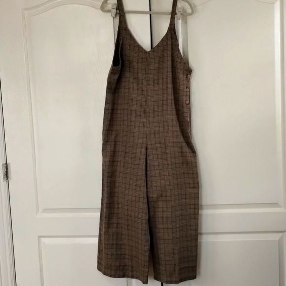 Hem & Thread Jumper Medium wide leg romper brown plaid side buttons - Picture 1 of 12